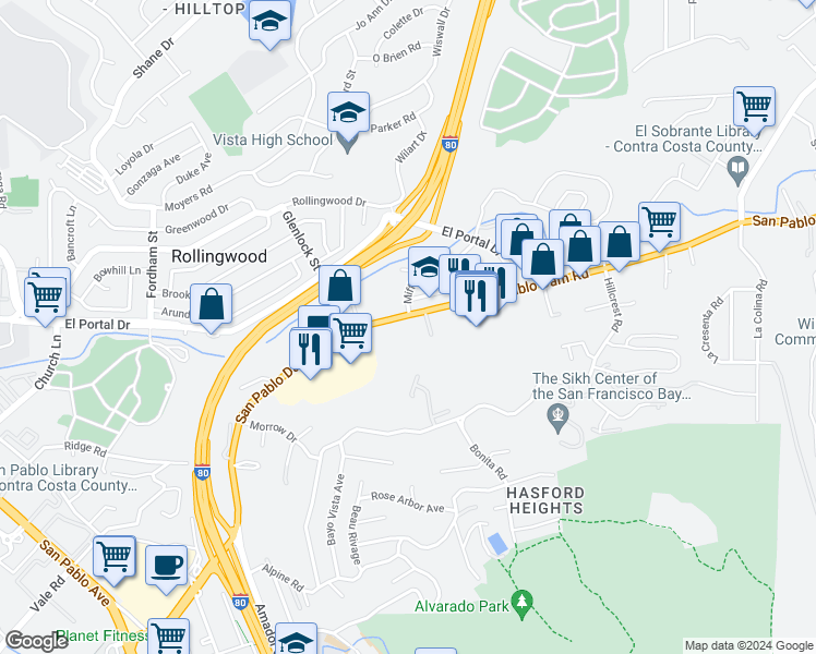 map of restaurants, bars, coffee shops, grocery stores, and more near 3500 San Pablo Dam Road in San Pablo