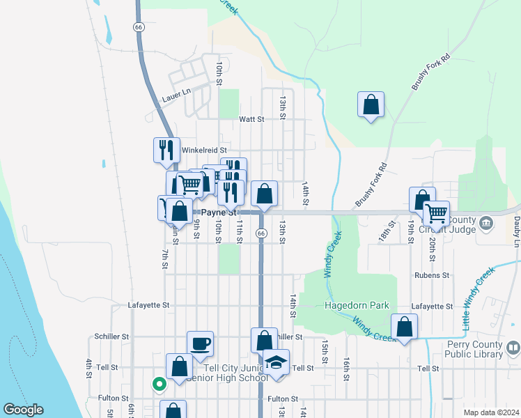 map of restaurants, bars, coffee shops, grocery stores, and more near 1511 12th Street in Tell City