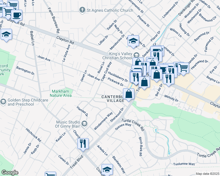 map of restaurants, bars, coffee shops, grocery stores, and more near 4138 Joan Avenue in Concord