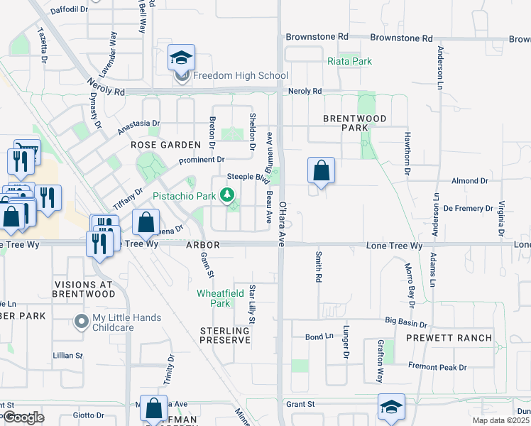 map of restaurants, bars, coffee shops, grocery stores, and more near 1101 Beau Avenue in Brentwood