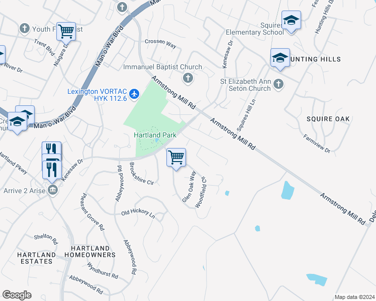 map of restaurants, bars, coffee shops, grocery stores, and more near 3608 Hartland Parkside Court in Lexington