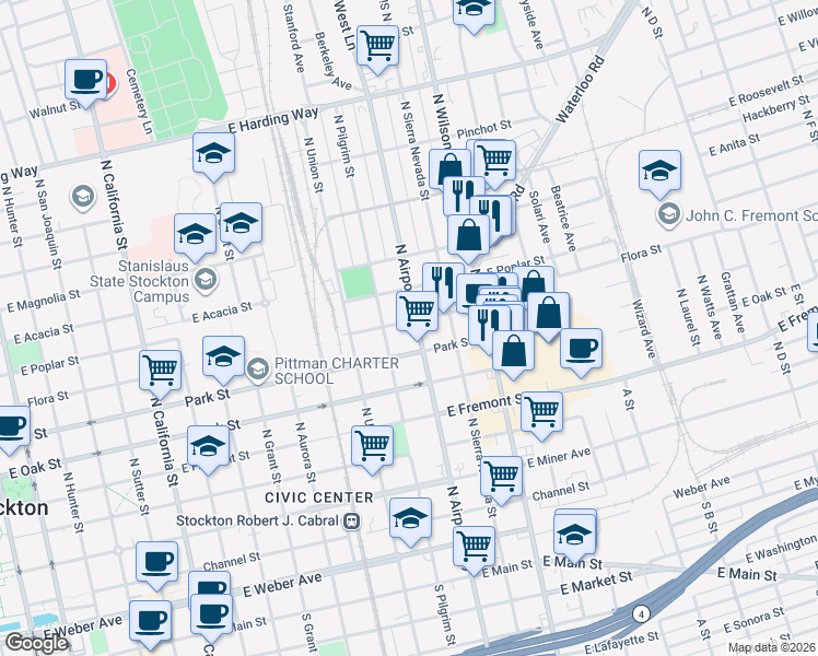 map of restaurants, bars, coffee shops, grocery stores, and more near 1242 East Flora Street in Stockton