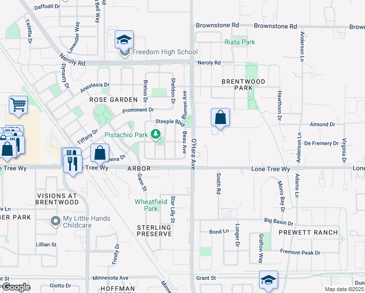 map of restaurants, bars, coffee shops, grocery stores, and more near 1101 Beau Avenue in Brentwood