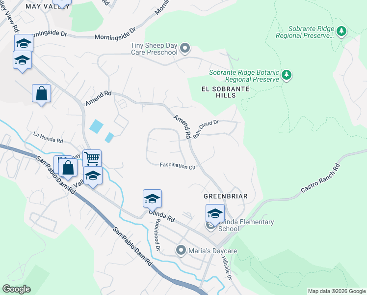 map of restaurants, bars, coffee shops, grocery stores, and more near 100 Big Bear Court in El Sobrante