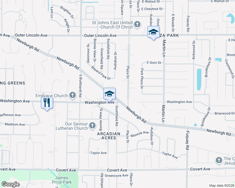 map of restaurants, bars, coffee shops, grocery stores, and more near 6601-6799 La Charmant in Evansville