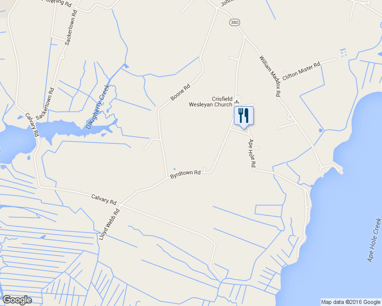 map of restaurants, bars, coffee shops, grocery stores, and more near 2896 Byrdtown Rd in Crisfield