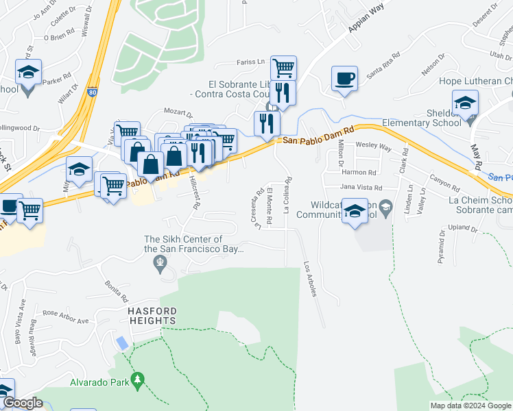 map of restaurants, bars, coffee shops, grocery stores, and more near 3946 La Crescenta Road in El Sobrante