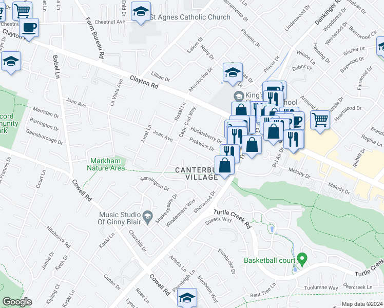 map of restaurants, bars, coffee shops, grocery stores, and more near 4138 Joan Avenue in Concord