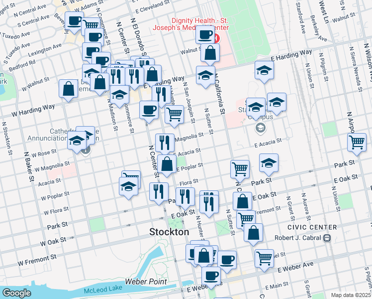 map of restaurants, bars, coffee shops, grocery stores, and more near 1000 North Hunter Street in Stockton