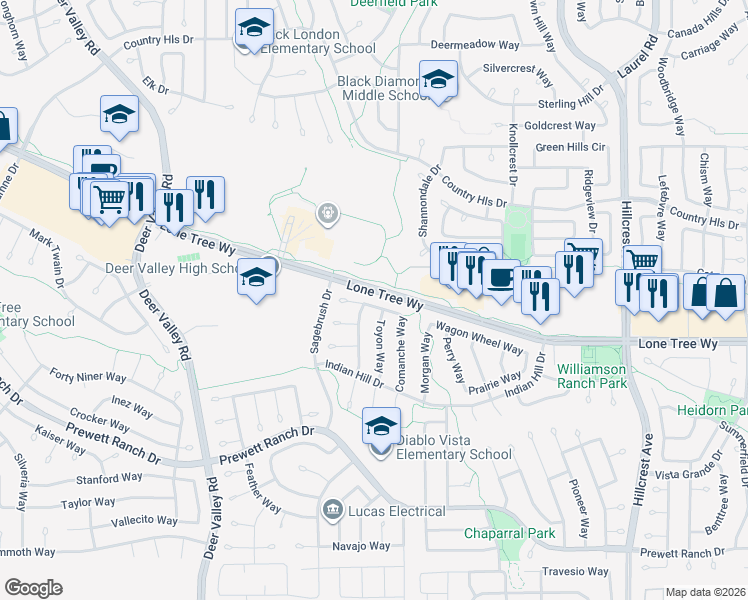 map of restaurants, bars, coffee shops, grocery stores, and more near 5017 Longhorn Court in Antioch