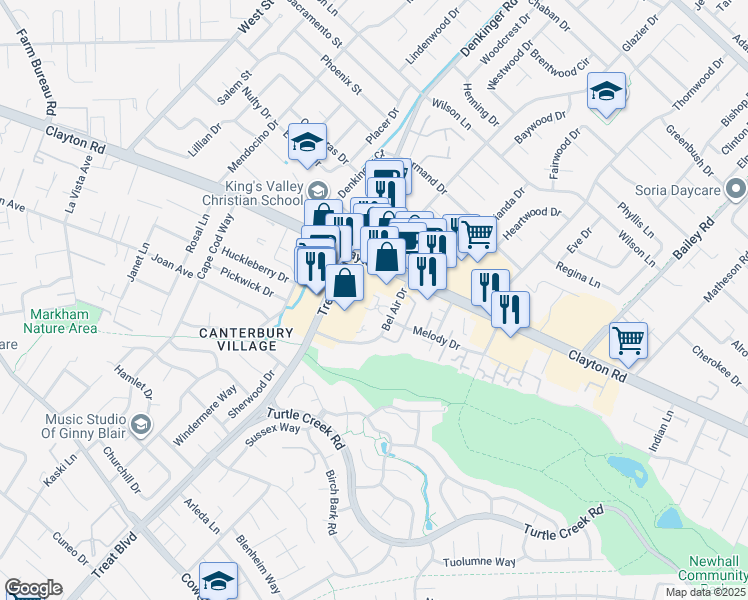 map of restaurants, bars, coffee shops, grocery stores, and more near 1441 Bel Air Drive in Concord