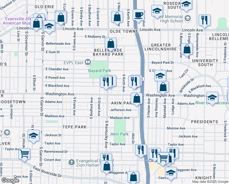 map of restaurants, bars, coffee shops, grocery stores, and more near 1003 East Blackford Avenue in Evansville