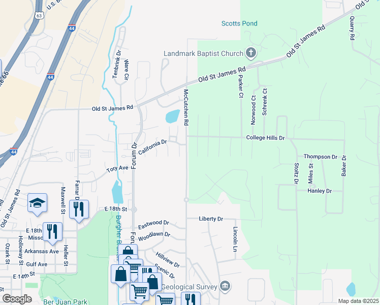 map of restaurants, bars, coffee shops, grocery stores, and more near 1962 McCutchen Road in Rolla