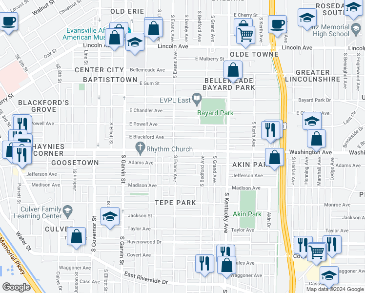 map of restaurants, bars, coffee shops, grocery stores, and more near 816 Washington Avenue in Evansville