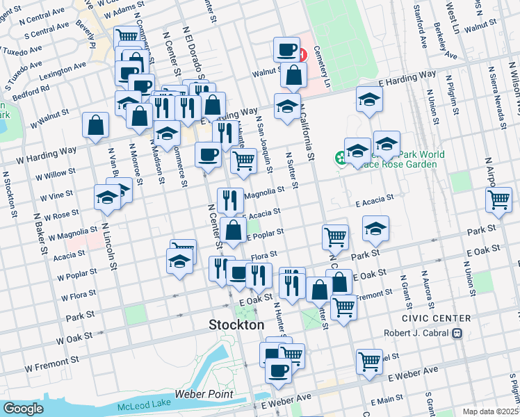map of restaurants, bars, coffee shops, grocery stores, and more near 1000 North Hunter Street in Stockton
