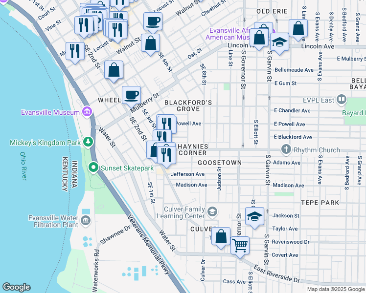 map of restaurants, bars, coffee shops, grocery stores, and more near 40 Washington Avenue in Evansville