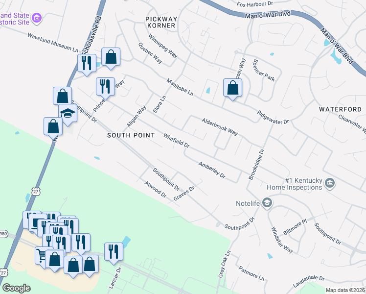 map of restaurants, bars, coffee shops, grocery stores, and more near 381 Whitfield Drive in Lexington