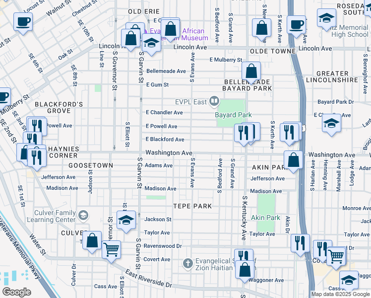 map of restaurants, bars, coffee shops, grocery stores, and more near 772 Washington Avenue in Evansville