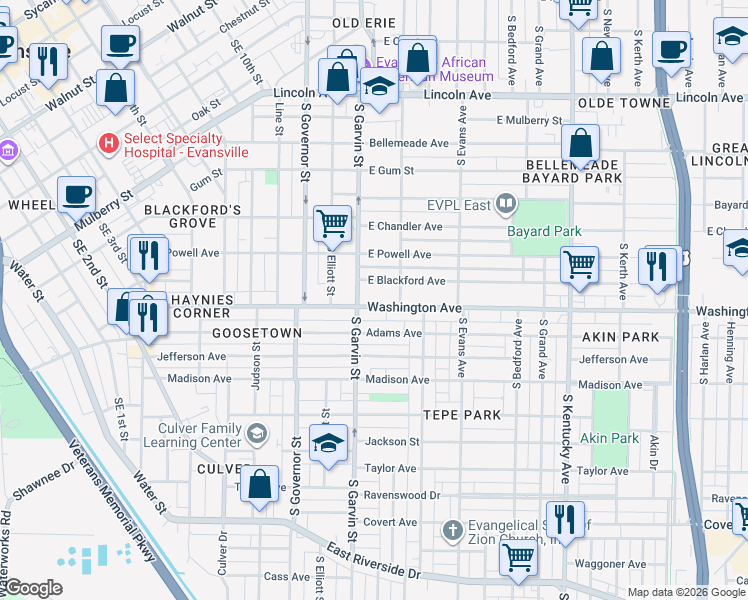 map of restaurants, bars, coffee shops, grocery stores, and more near 607 East Blackford Avenue in Evansville