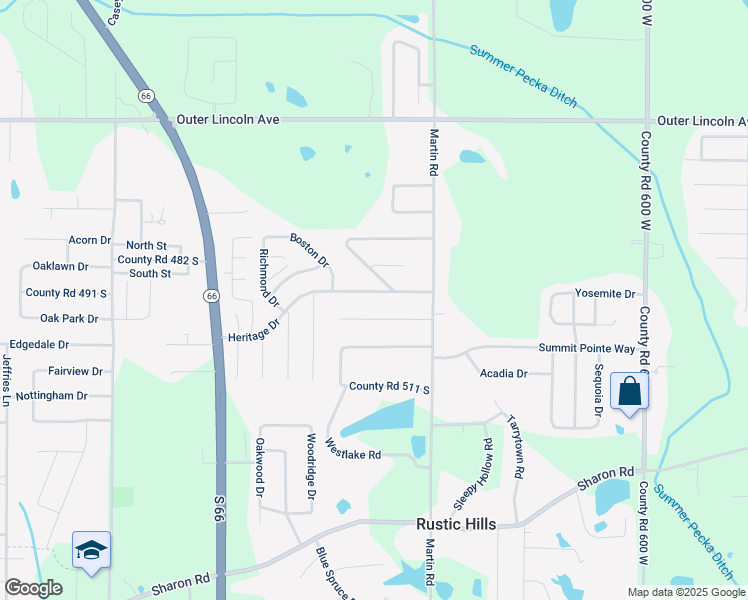 map of restaurants, bars, coffee shops, grocery stores, and more near 6570-6742 County Road 490 South in Newburgh