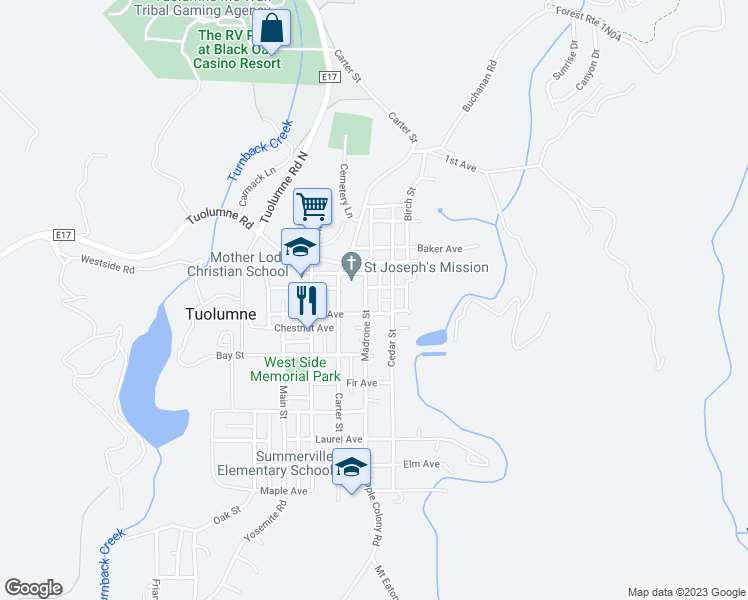 map of restaurants, bars, coffee shops, grocery stores, and more near 18769 Madrone Street in Tuolumne