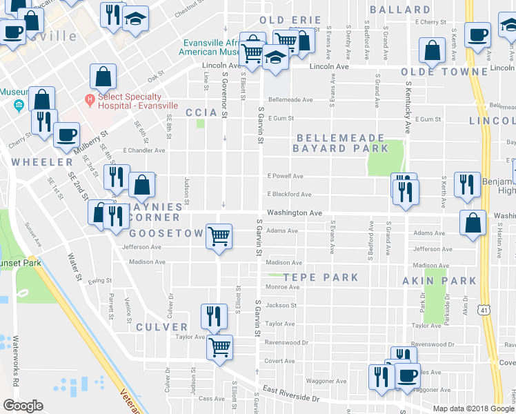 map of restaurants, bars, coffee shops, grocery stores, and more near 520 Washington Avenue in Evansville