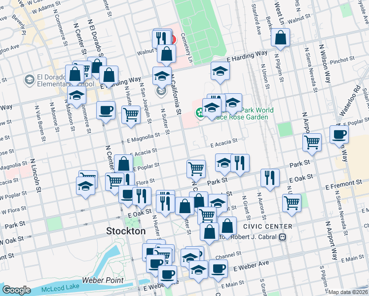 map of restaurants, bars, coffee shops, grocery stores, and more near 937 North California Street in Stockton