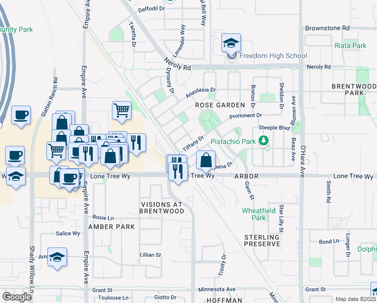 map of restaurants, bars, coffee shops, grocery stores, and more near 1362 Tiffany Drive in Brentwood