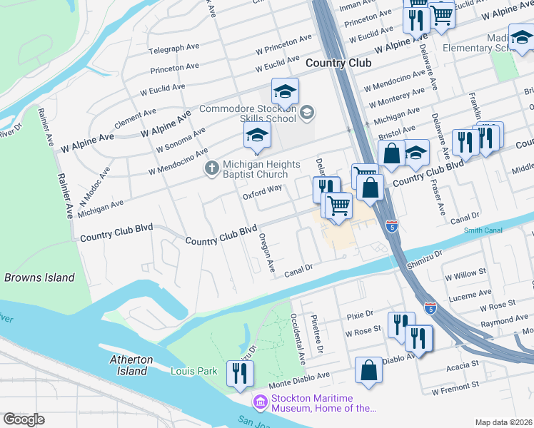 map of restaurants, bars, coffee shops, grocery stores, and more near 2450 Sanger Drive in Stockton