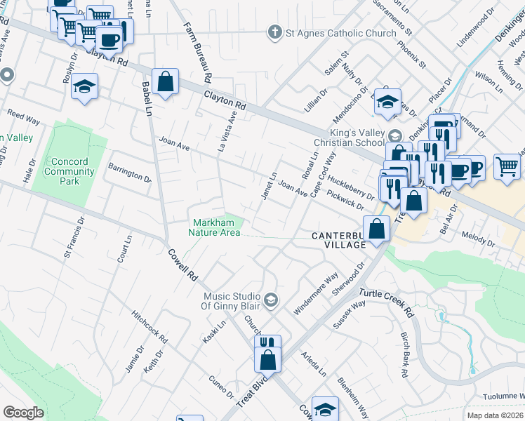 map of restaurants, bars, coffee shops, grocery stores, and more near 1377 Janet Lane in Concord
