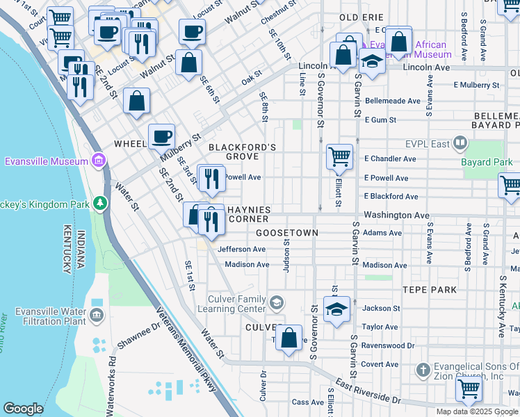 map of restaurants, bars, coffee shops, grocery stores, and more near 932 Southeast 8th Street in Evansville