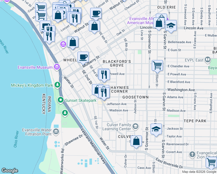 map of restaurants, bars, coffee shops, grocery stores, and more near 11 East Blackford Avenue in Evansville