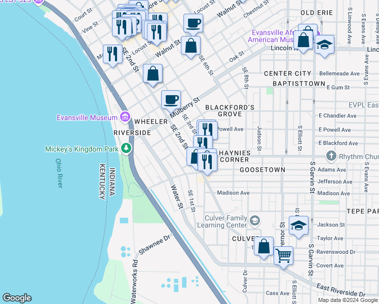 map of restaurants, bars, coffee shops, grocery stores, and more near 814 Southeast 2nd Street in Evansville