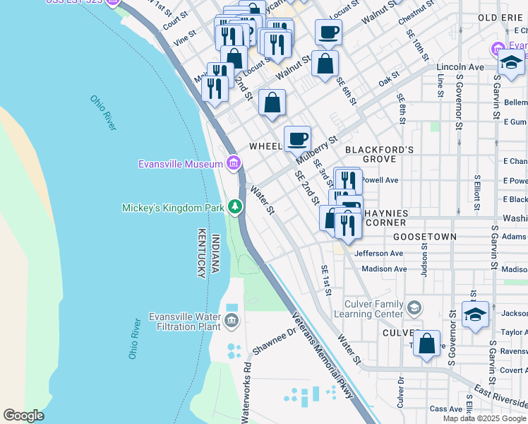 map of restaurants, bars, coffee shops, grocery stores, and more near 615 Southeast Riverside Drive in Evansville