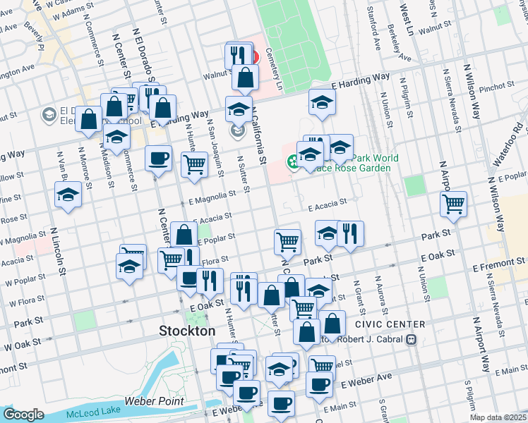 map of restaurants, bars, coffee shops, grocery stores, and more near 430 East Acacia Street in Stockton