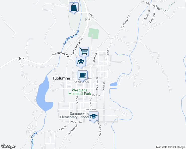 map of restaurants, bars, coffee shops, grocery stores, and more near 18761 Carter Street in Tuolumne