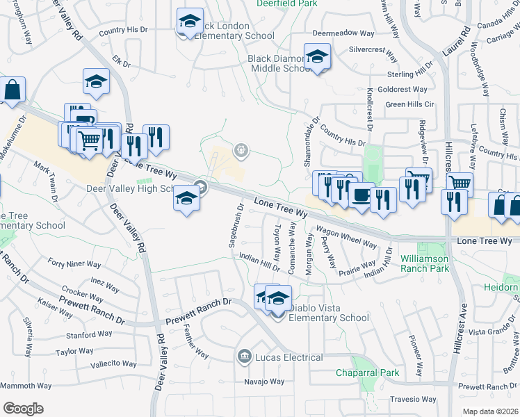 map of restaurants, bars, coffee shops, grocery stores, and more near 5017 Longhorn Court in Antioch
