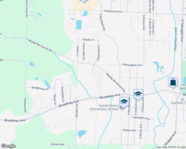 map of restaurants, bars, coffee shops, grocery stores, and more near 4800 Middle Mount Vernon Road in Evansville