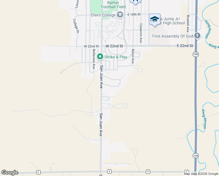 map of restaurants, bars, coffee shops, grocery stores, and more near 27 Chaparral Circle in La Junta