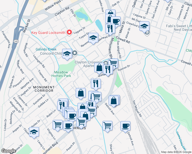 map of restaurants, bars, coffee shops, grocery stores, and more near 2525 Walters Way in Concord