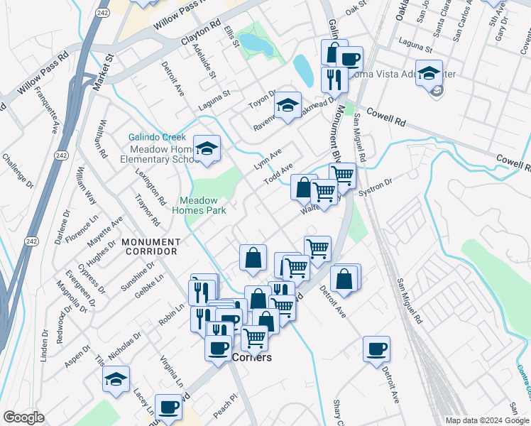 map of restaurants, bars, coffee shops, grocery stores, and more near 1255 Detroit Avenue in Concord