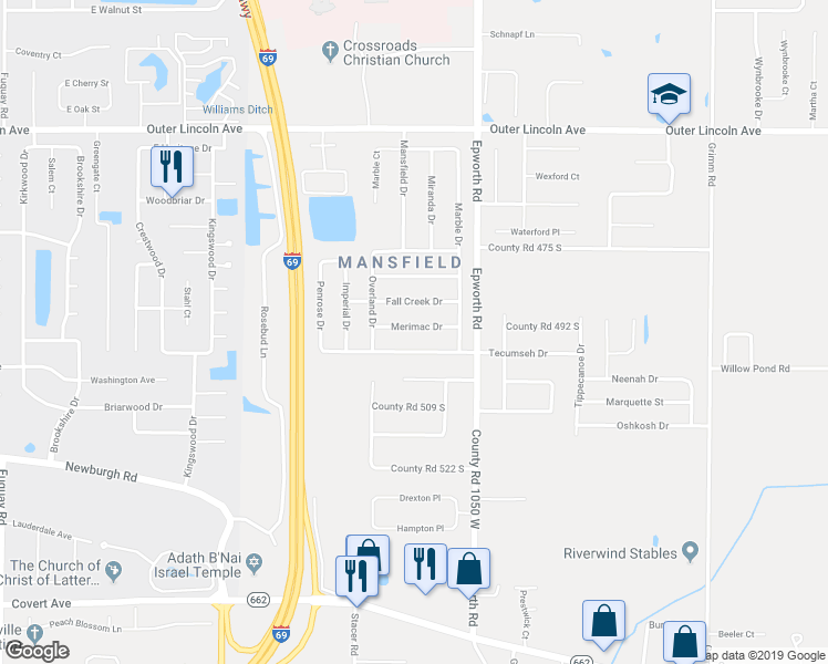 map of restaurants, bars, coffee shops, grocery stores, and more near 10643 Merimac Drive in Newburgh