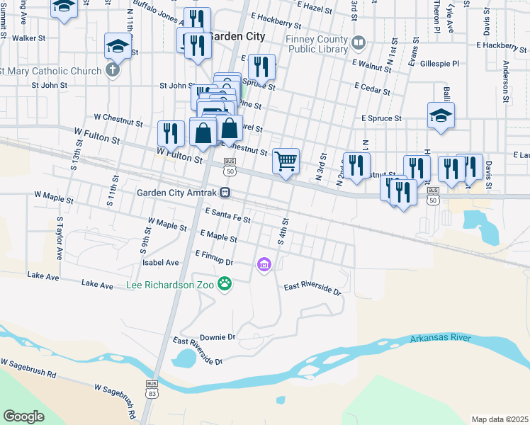 map of restaurants, bars, coffee shops, grocery stores, and more near 100 South 5th Street in Garden City