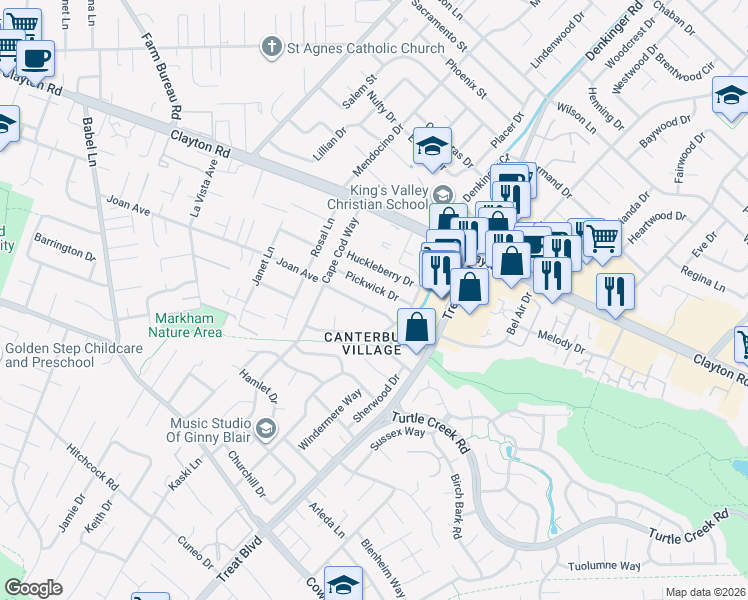 map of restaurants, bars, coffee shops, grocery stores, and more near 4158 Pickwick Drive in Concord