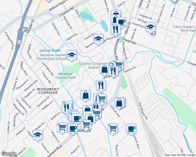 map of restaurants, bars, coffee shops, grocery stores, and more near 2525 Walters Way in Concord