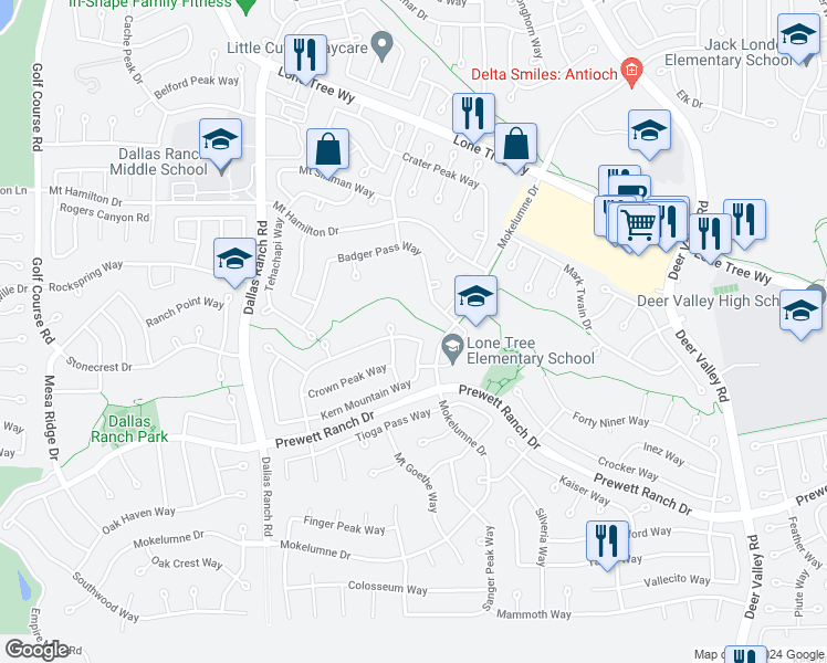 map of restaurants, bars, coffee shops, grocery stores, and more near 1919 Mount Conness Way in Antioch