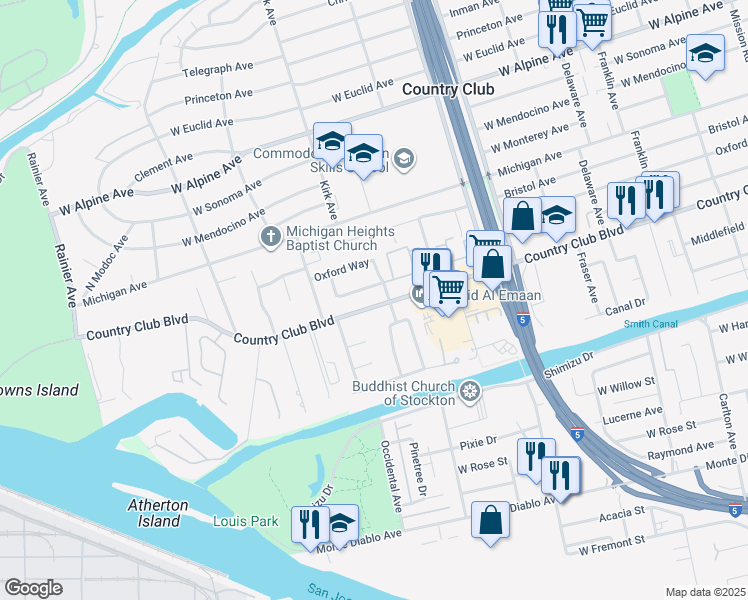 map of restaurants, bars, coffee shops, grocery stores, and more near 2948 Elmwood Avenue in Stockton