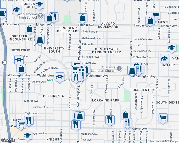 map of restaurants, bars, coffee shops, grocery stores, and more near 2027 East Blackford Avenue in Evansville