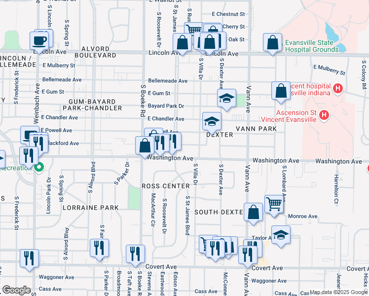 map of restaurants, bars, coffee shops, grocery stores, and more near 951 South Villa Drive in Evansville