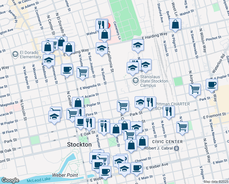 map of restaurants, bars, coffee shops, grocery stores, and more near 446 Acacia Street in Stockton
